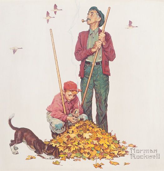 Norman Rockwell- "Grandpa and Me: Raking Leaves",  Four Seasons Calendar, 1948