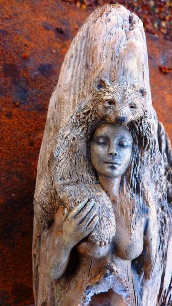 Wood Sculpture- Spirit Bear and Woman Forest Wood Sculpture by ShapingSpirit