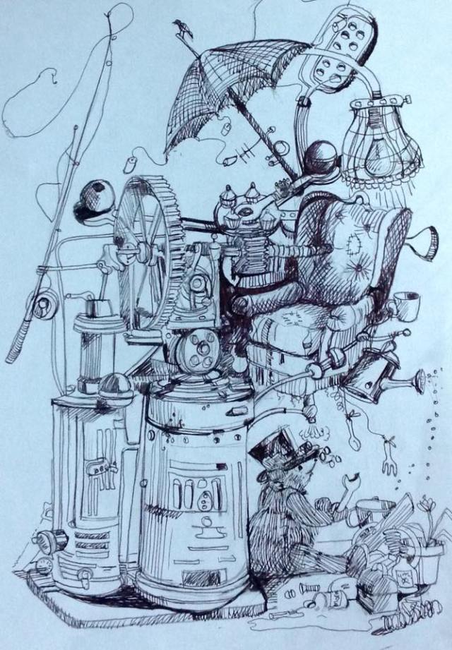 "Milson, the Steampunk Bear Finishes the 'Go Anywhere, Do Anything' Chair"- original artwork by Christine Southworth