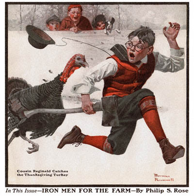 "Cousin Reginald Catches the Thanksgiving Turkey" by Norman Rockwell. Cover of 'Country Gentleman' Magazine, 1917